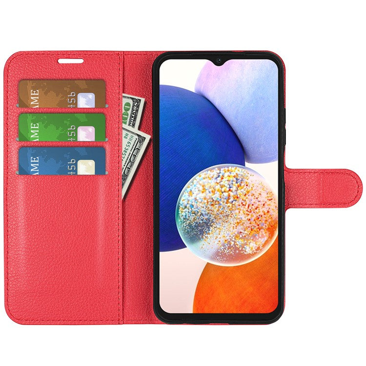 PU Leather Phone Shell for Samsung Galaxy M14 5G Litchi Texture Wallet Cover Stand Phone Case - Red