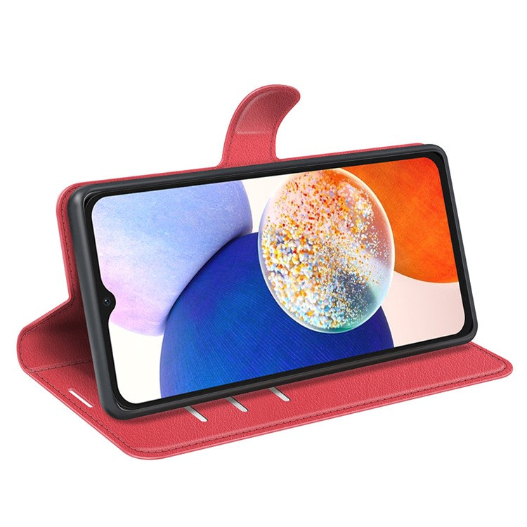 PU Leather Phone Shell for Samsung Galaxy M14 5G Litchi Texture Wallet Cover Stand Phone Case - Red