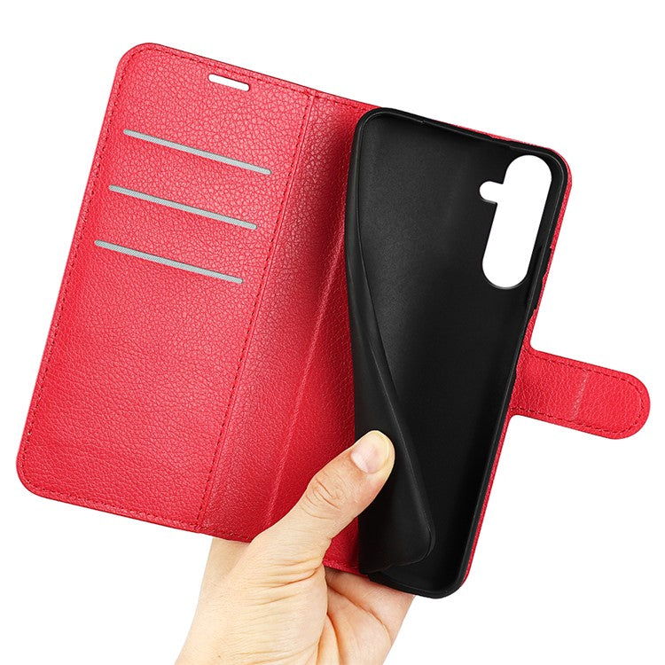 PU Leather Phone Shell for Samsung Galaxy M14 5G Litchi Texture Wallet Cover Stand Phone Case - Red
