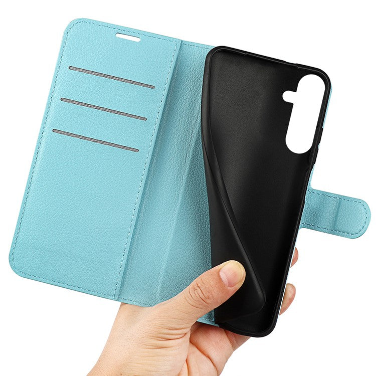 PU Leather Phone Shell for Samsung Galaxy M14 5G Litchi Texture Wallet Cover Stand Phone Case - Blue