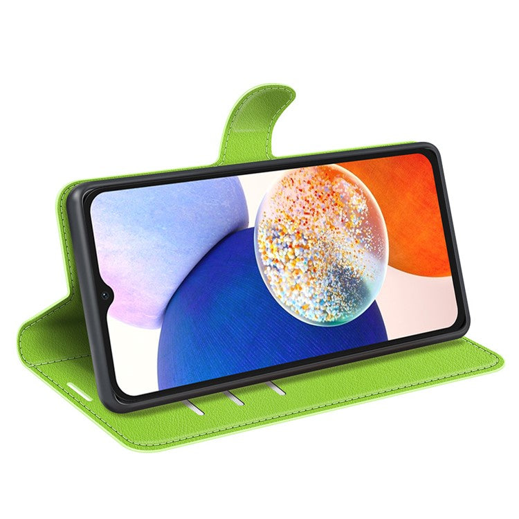PU Leather Phone Shell for Samsung Galaxy M14 5G Litchi Texture Wallet Cover Stand Phone Case - Green
