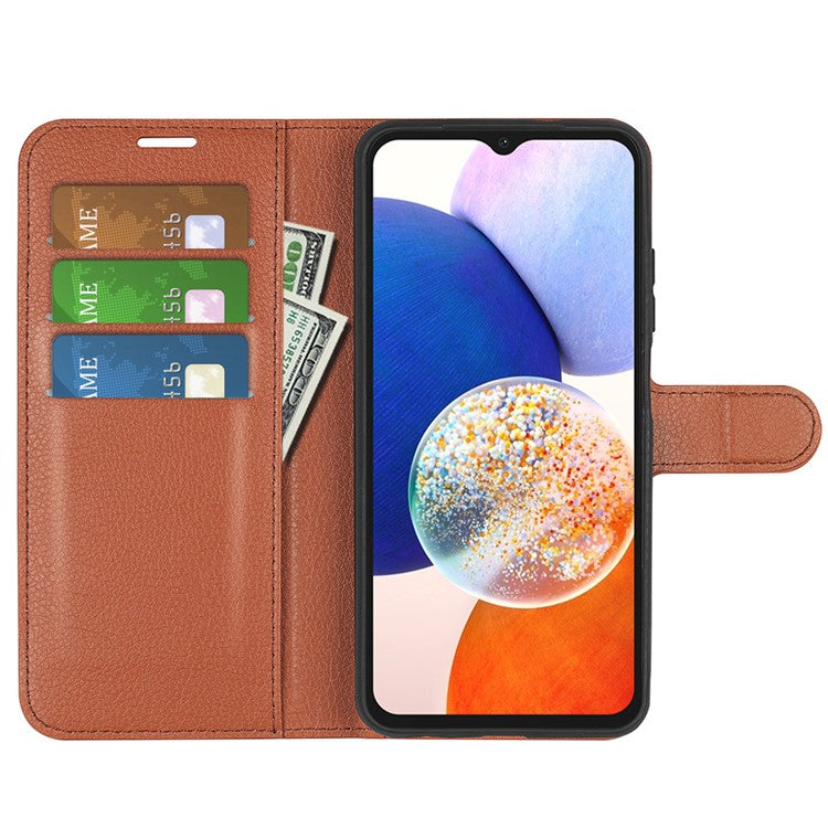 PU Leather Phone Shell for Samsung Galaxy M14 5G Litchi Texture Wallet Cover Stand Phone Case - Brown
