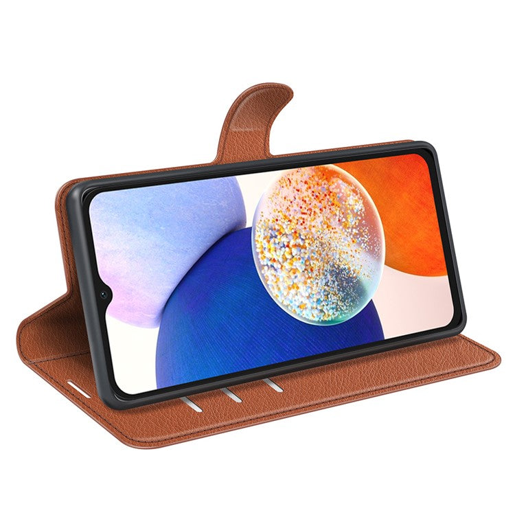 PU Leather Phone Shell for Samsung Galaxy M14 5G Litchi Texture Wallet Cover Stand Phone Case - Brown