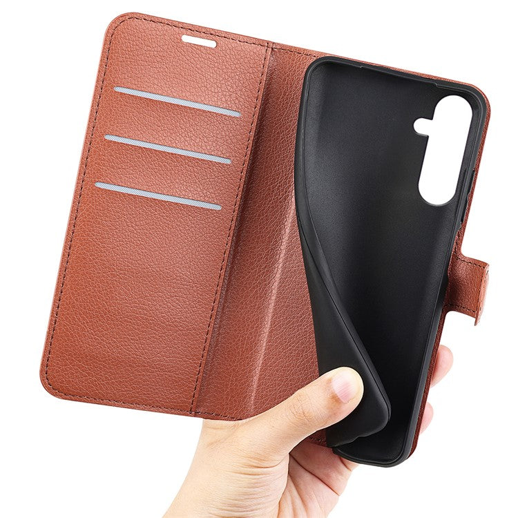 PU Leather Phone Shell for Samsung Galaxy M14 5G Litchi Texture Wallet Cover Stand Phone Case - Brown