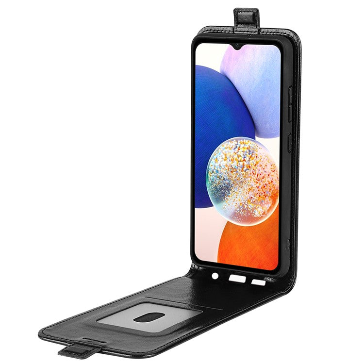 For Samsung Galaxy M14 5G Vertical Flip Leather Phone Case Card Holder Crazy Horse Texture Protective Cover - Black