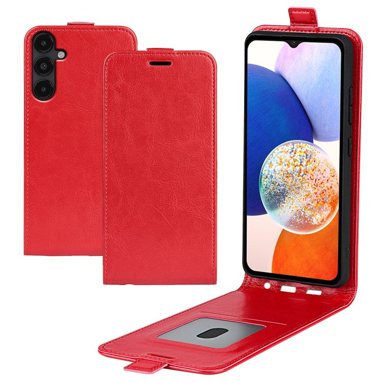 For Samsung Galaxy M14 5G Vertical Flip Leather Phone Case Card Holder Crazy Horse Texture Protective Cover - Red