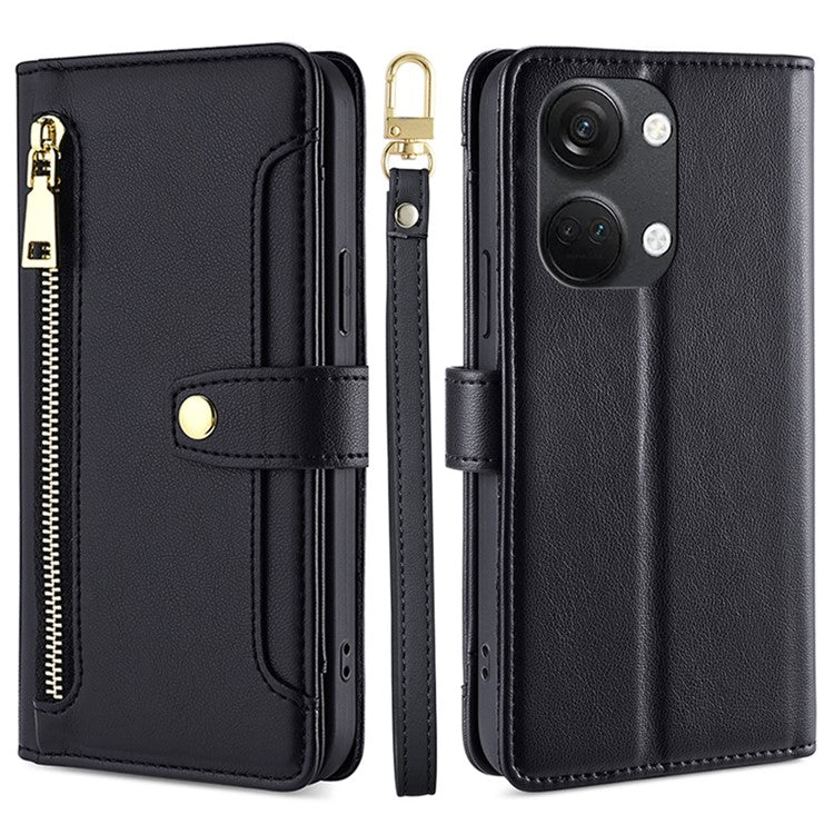 Leather Phone Cover for OnePlus Nord 3 5G / Ace 2V 5G Anti-scratch Zipper Pocket Stand Wallet Case with 2 Straps - Black