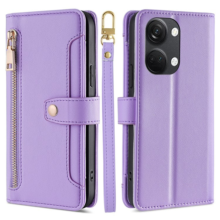 Leather Phone Cover for OnePlus Nord 3 5G / Ace 2V 5G Anti-scratch Zipper Pocket Stand Wallet Case with 2 Straps - Purple