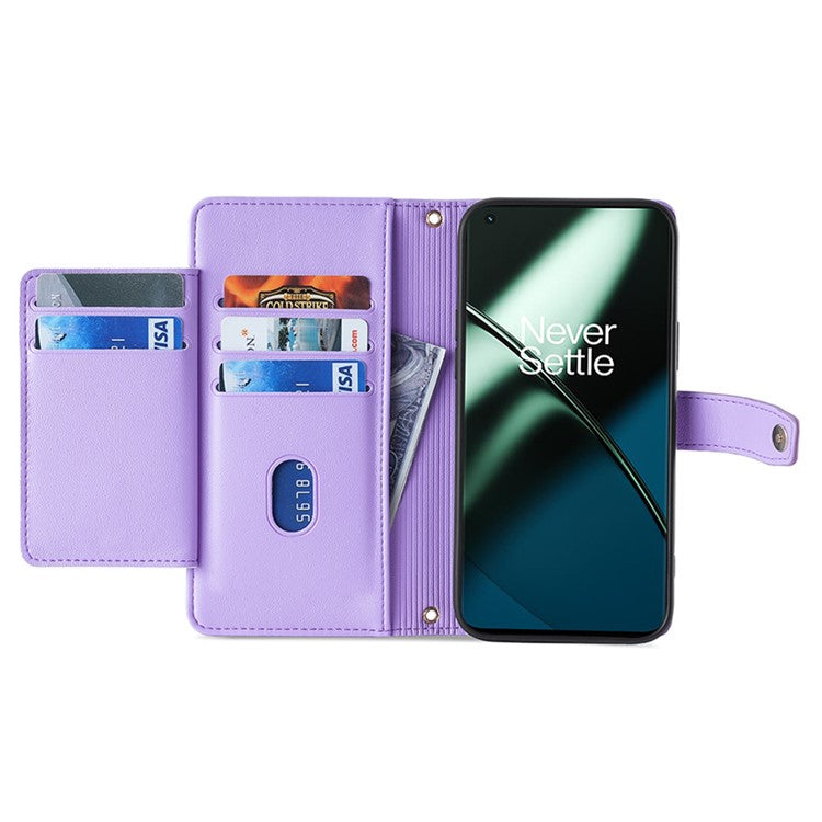 Leather Phone Cover for OnePlus Nord 3 5G / Ace 2V 5G Anti-scratch Zipper Pocket Stand Wallet Case with 2 Straps - Purple
