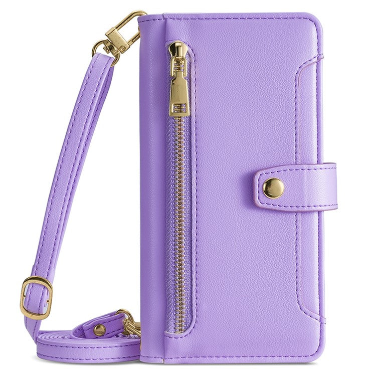 Leather Phone Cover for OnePlus Nord 3 5G / Ace 2V 5G Anti-scratch Zipper Pocket Stand Wallet Case with 2 Straps - Purple