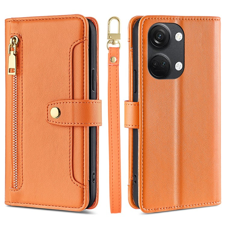 Leather Phone Cover for OnePlus Nord 3 5G / Ace 2V 5G Anti-scratch Zipper Pocket Stand Wallet Case with 2 Straps - Orange
