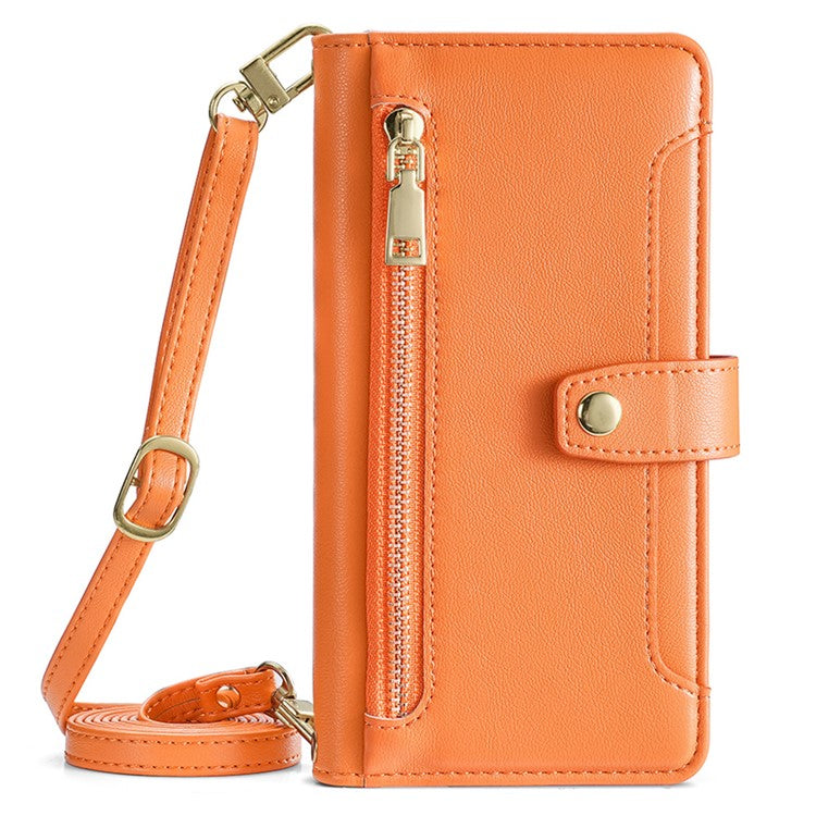Leather Phone Cover for OnePlus Nord 3 5G / Ace 2V 5G Anti-scratch Zipper Pocket Stand Wallet Case with 2 Straps - Orange