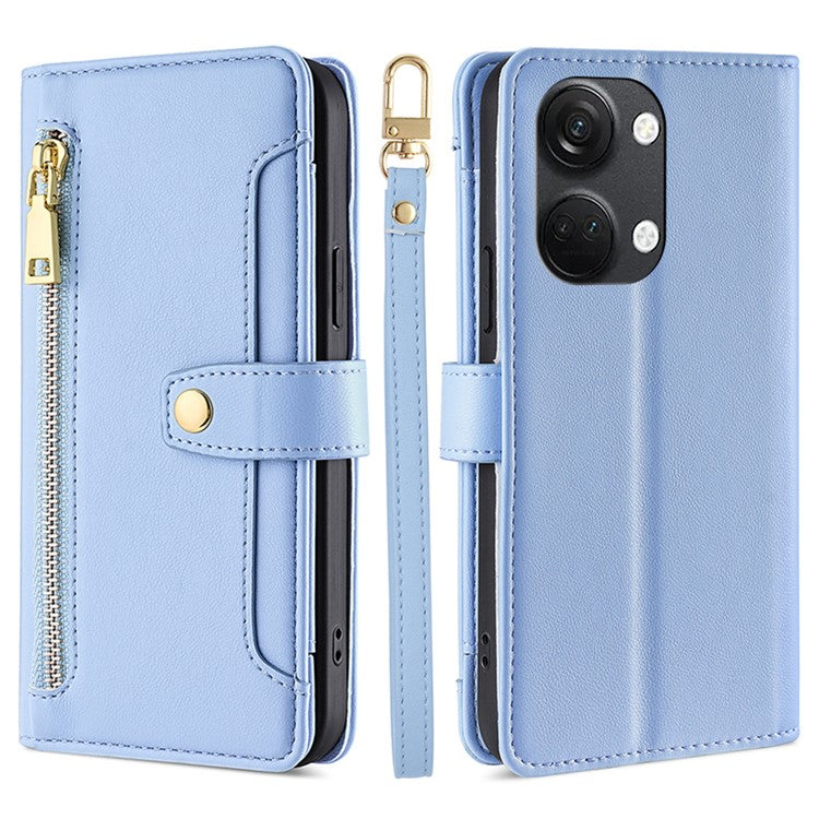 Leather Phone Cover for OnePlus Nord 3 5G / Ace 2V 5G Anti-scratch Zipper Pocket Stand Wallet Case with 2 Straps - Blue
