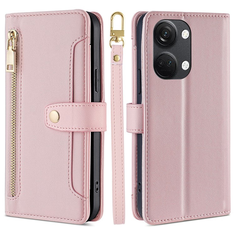 Leather Phone Cover for OnePlus Nord 3 5G / Ace 2V 5G Anti-scratch Zipper Pocket Stand Wallet Case with 2 Straps - Pink