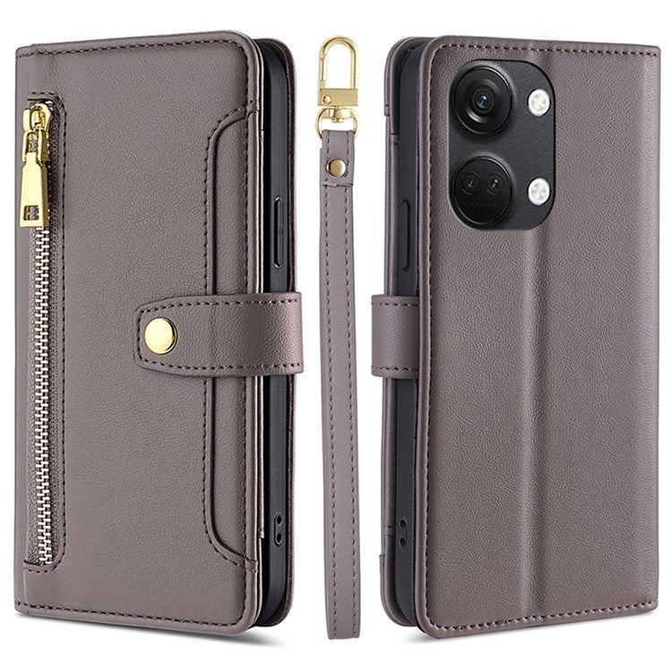 Leather Phone Cover for OnePlus Nord 3 5G / Ace 2V 5G Anti-scratch Zipper Pocket Stand Wallet Case with 2 Straps - Grey