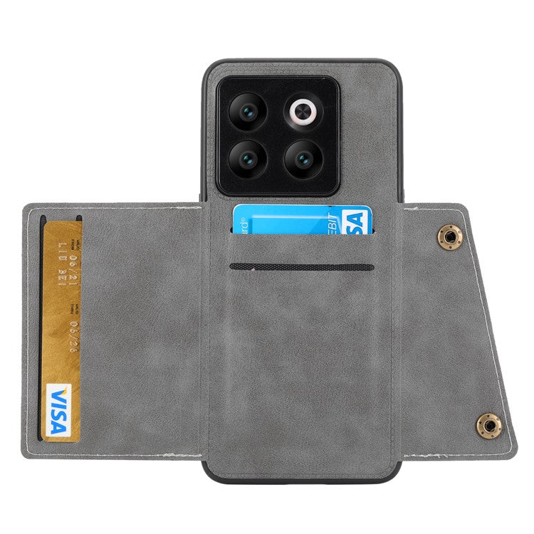 For OnePlus 10T 5G / Ace Pro 5G Dual Button Card Holder PU Leather Coated TPU Kickstand Case with Car Mount Metal Sheet - Grey