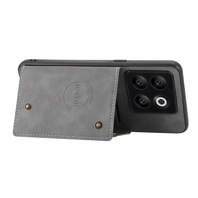 For OnePlus 10T 5G / Ace Pro 5G Dual Button Card Holder PU Leather Coated TPU Kickstand Case with Car Mount Metal Sheet - Grey