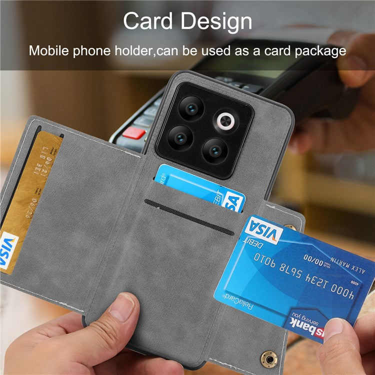 For OnePlus 10T 5G / Ace Pro 5G Dual Button Card Holder PU Leather Coated TPU Kickstand Case with Car Mount Metal Sheet - Grey