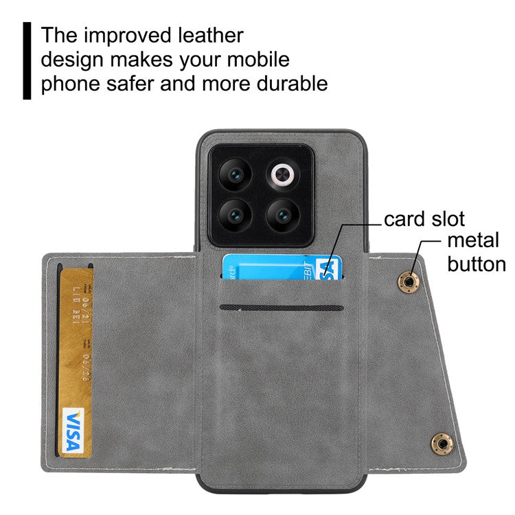 For OnePlus 10T 5G / Ace Pro 5G Dual Button Card Holder PU Leather Coated TPU Kickstand Case with Car Mount Metal Sheet - Grey