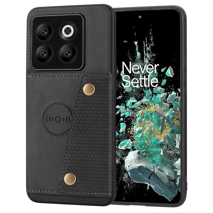 For OnePlus 10T 5G / Ace Pro 5G Dual Button Card Holder PU Leather Coated TPU Kickstand Case with Car Mount Metal Sheet - Black
