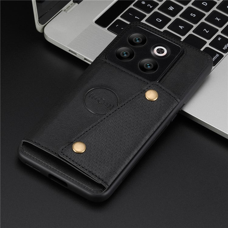 For OnePlus 10T 5G / Ace Pro 5G Dual Button Card Holder PU Leather Coated TPU Kickstand Case with Car Mount Metal Sheet - Black