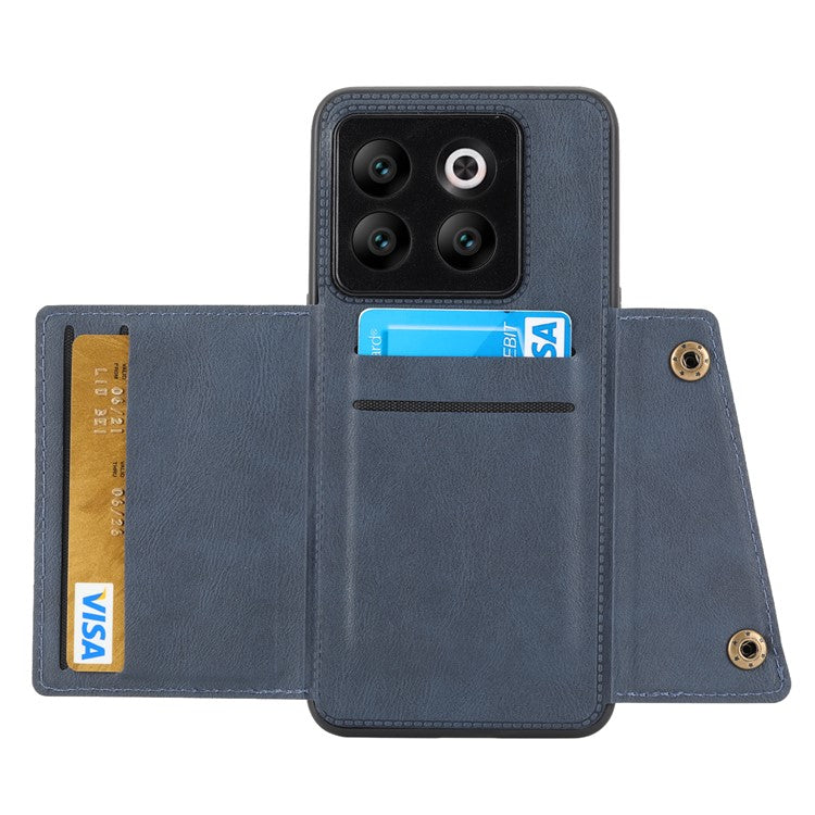 For OnePlus 10T 5G / Ace Pro 5G Dual Button Card Holder PU Leather Coated TPU Kickstand Case with Car Mount Metal Sheet - Blue