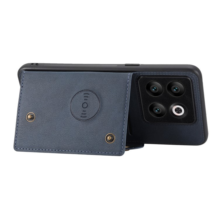 For OnePlus 10T 5G / Ace Pro 5G Dual Button Card Holder PU Leather Coated TPU Kickstand Case with Car Mount Metal Sheet - Blue