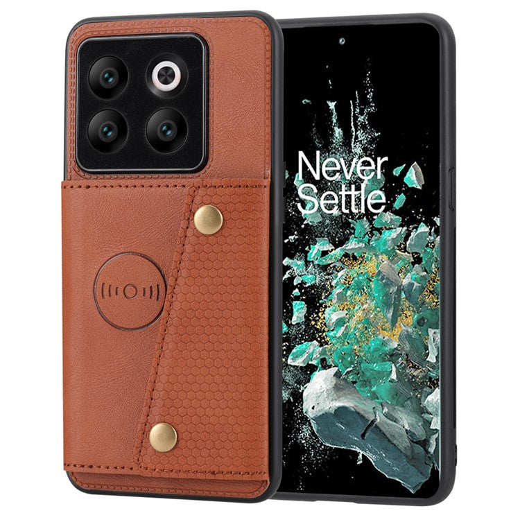 For OnePlus 10T 5G / Ace Pro 5G Dual Button Card Holder PU Leather Coated TPU Kickstand Case with Car Mount Metal Sheet - Light Brown