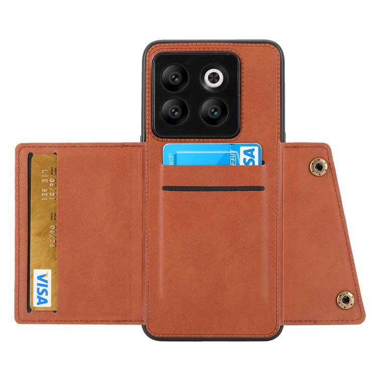 For OnePlus 10T 5G / Ace Pro 5G Dual Button Card Holder PU Leather Coated TPU Kickstand Case with Car Mount Metal Sheet - Light Brown