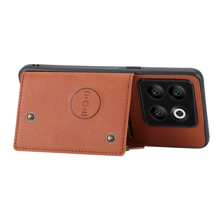 For OnePlus 10T 5G / Ace Pro 5G Dual Button Card Holder PU Leather Coated TPU Kickstand Case with Car Mount Metal Sheet - Light Brown