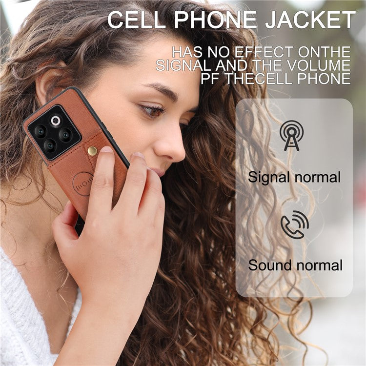 For OnePlus 10T 5G / Ace Pro 5G Dual Button Card Holder PU Leather Coated TPU Kickstand Case with Car Mount Metal Sheet - Light Brown