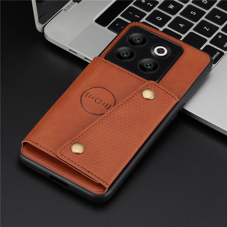 For OnePlus 10T 5G / Ace Pro 5G Dual Button Card Holder PU Leather Coated TPU Kickstand Case with Car Mount Metal Sheet - Light Brown