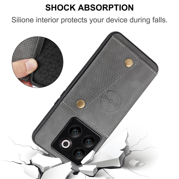 For OnePlus 10T 5G / Ace Pro 5G Dual Button Card Holder PU Leather Coated TPU Kickstand Case with Car Mount Metal Sheet - Light Brown