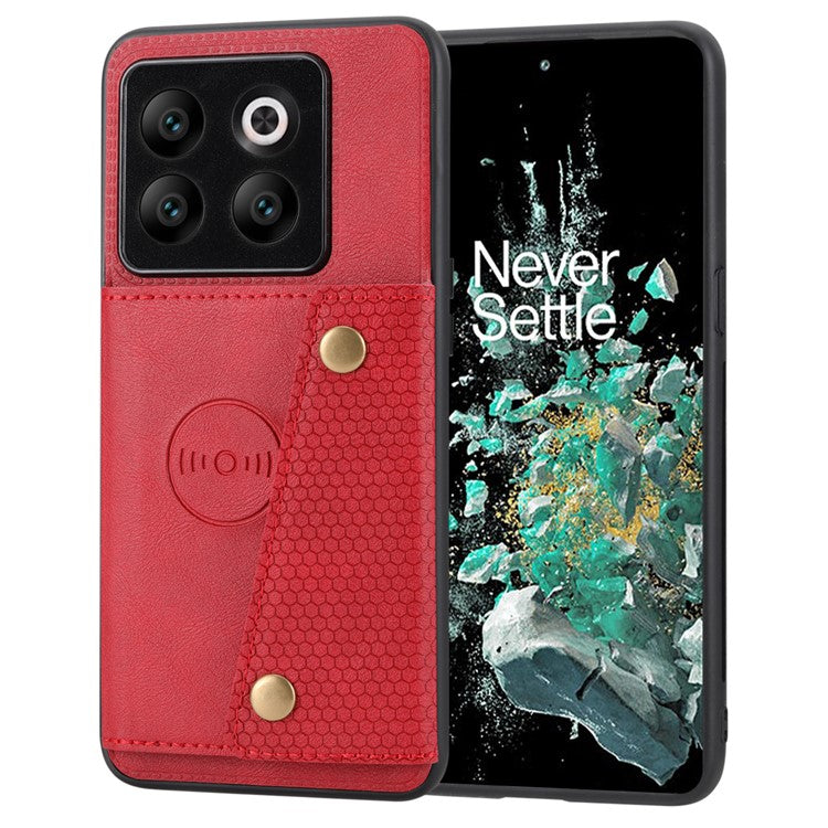 For OnePlus 10T 5G / Ace Pro 5G Dual Button Card Holder PU Leather Coated TPU Kickstand Case with Car Mount Metal Sheet - Red