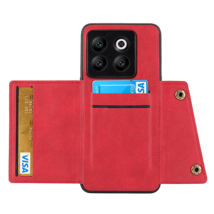 For OnePlus 10T 5G / Ace Pro 5G Dual Button Card Holder PU Leather Coated TPU Kickstand Case with Car Mount Metal Sheet - Red