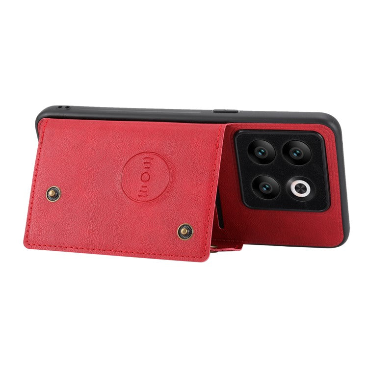 For OnePlus 10T 5G / Ace Pro 5G Dual Button Card Holder PU Leather Coated TPU Kickstand Case with Car Mount Metal Sheet - Red