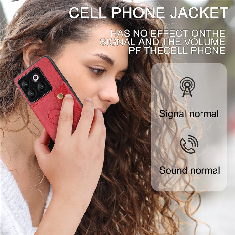 For OnePlus 10T 5G / Ace Pro 5G Dual Button Card Holder PU Leather Coated TPU Kickstand Case with Car Mount Metal Sheet - Red