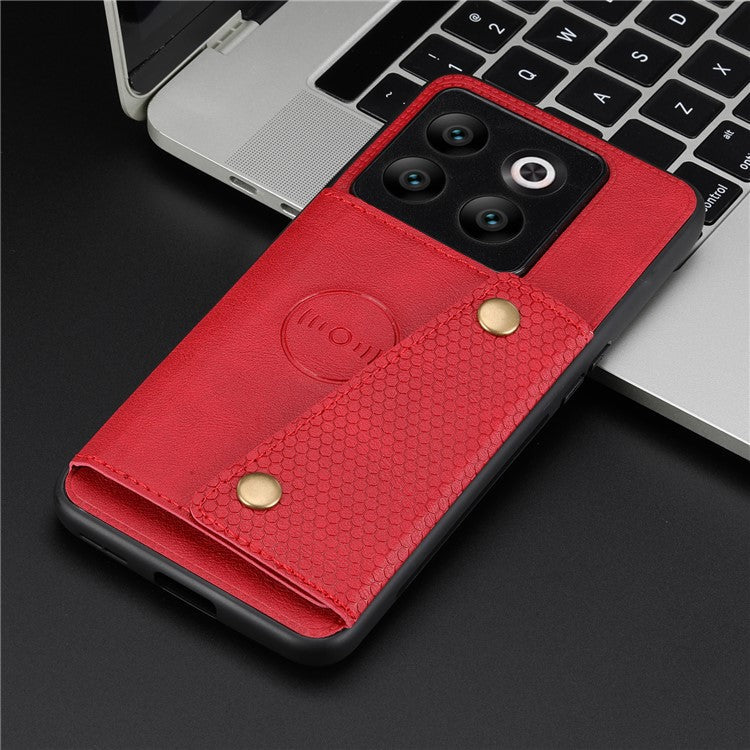 For OnePlus 10T 5G / Ace Pro 5G Dual Button Card Holder PU Leather Coated TPU Kickstand Case with Car Mount Metal Sheet - Red