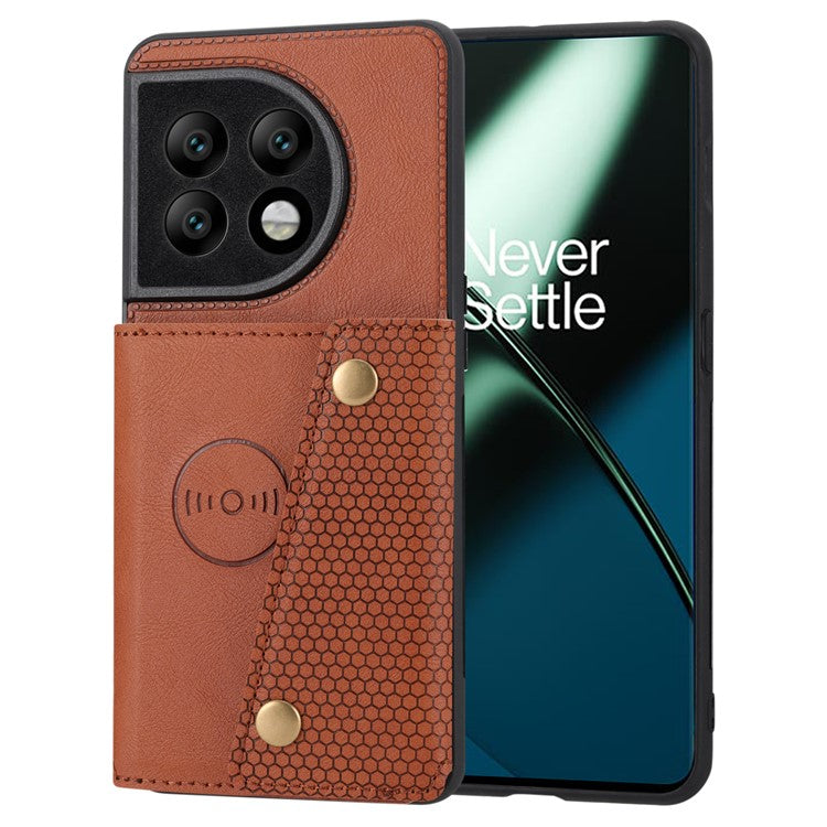 For OnePlus 11 5G Card Holder Phone Case PU Leather Coated TPU Kickstand Case with Car Mount Metal Sheet - Light Brown