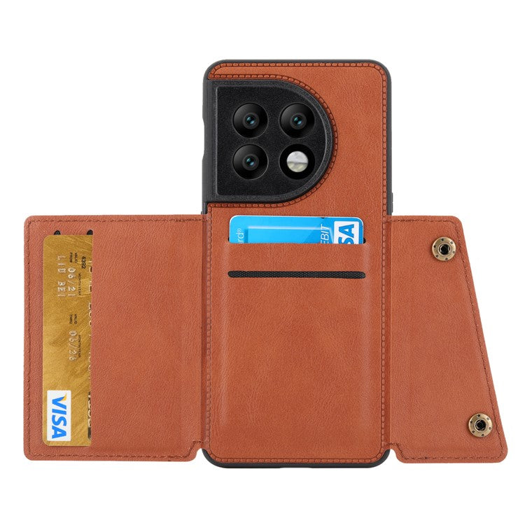 For OnePlus 11 5G Card Holder Phone Case PU Leather Coated TPU Kickstand Case with Car Mount Metal Sheet - Light Brown