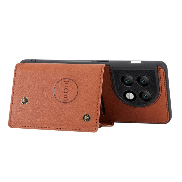 For OnePlus 11 5G Card Holder Phone Case PU Leather Coated TPU Kickstand Case with Car Mount Metal Sheet - Light Brown