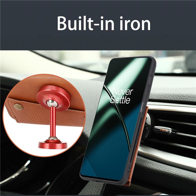 For OnePlus 11 5G Card Holder Phone Case PU Leather Coated TPU Kickstand Case with Car Mount Metal Sheet - Light Brown