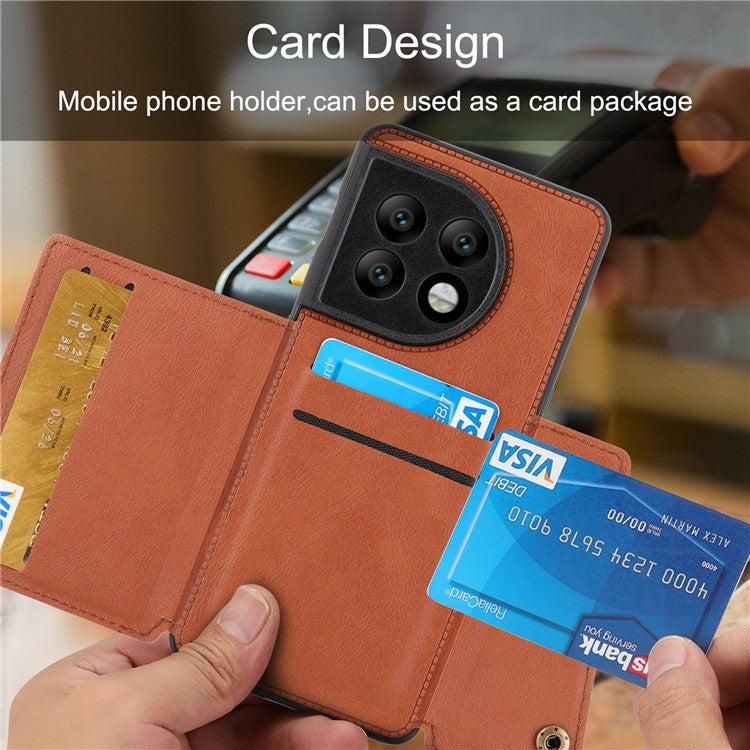 For OnePlus 11 5G Card Holder Phone Case PU Leather Coated TPU Kickstand Case with Car Mount Metal Sheet - Light Brown