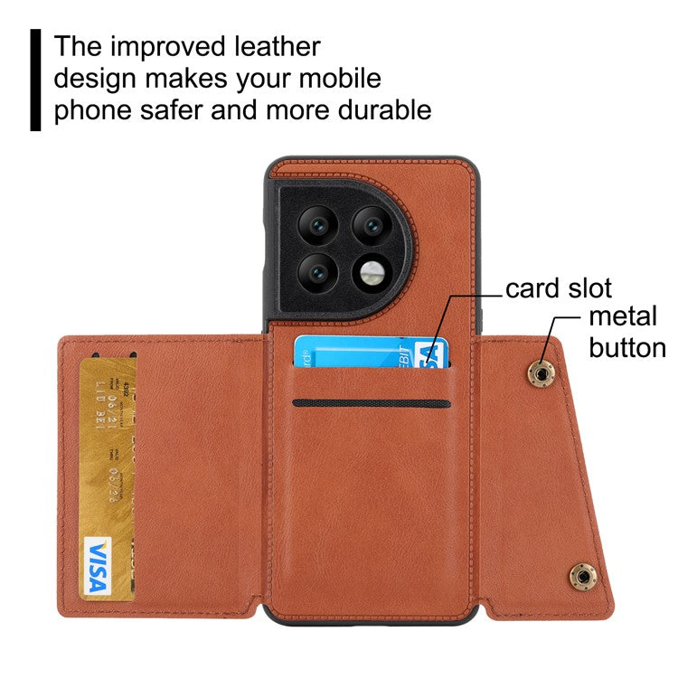 For OnePlus 11 5G Card Holder Phone Case PU Leather Coated TPU Kickstand Case with Car Mount Metal Sheet - Light Brown