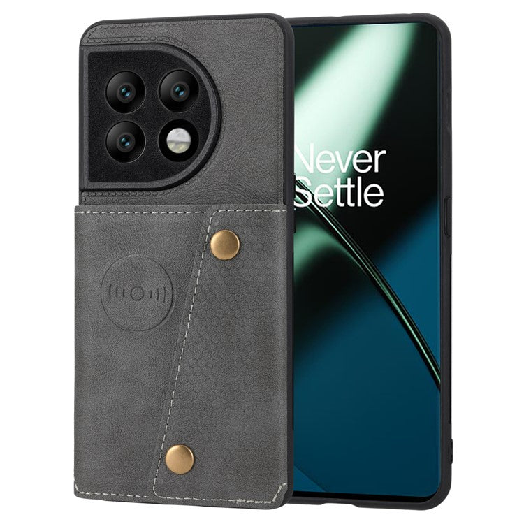 For OnePlus 11 5G Card Holder Phone Case PU Leather Coated TPU Kickstand Case with Car Mount Metal Sheet - Grey