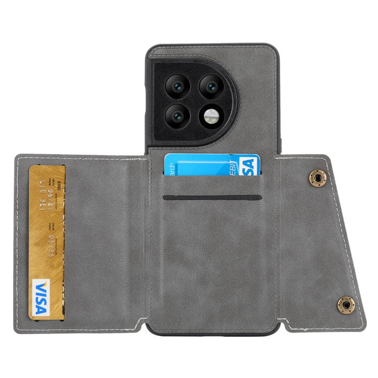 For OnePlus 11 5G Card Holder Phone Case PU Leather Coated TPU Kickstand Case with Car Mount Metal Sheet - Grey