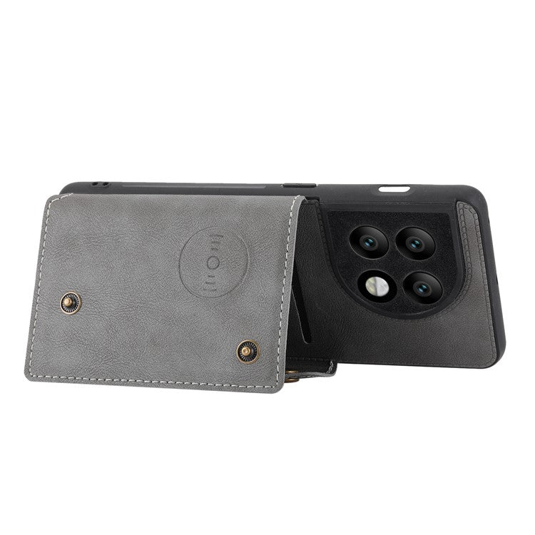 For OnePlus 11 5G Card Holder Phone Case PU Leather Coated TPU Kickstand Case with Car Mount Metal Sheet - Grey