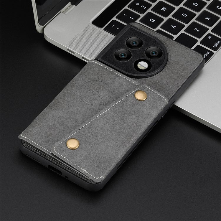 For OnePlus 11 5G Card Holder Phone Case PU Leather Coated TPU Kickstand Case with Car Mount Metal Sheet - Grey
