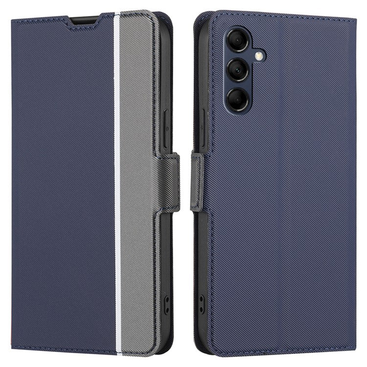 For Samsung Galaxy M14 5G Card Holder Twill Texture Phone Cover Stand Anti-Scratch PU Leather Case - Blue