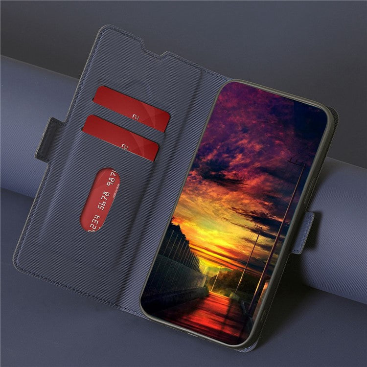 For Samsung Galaxy M14 5G Card Holder Twill Texture Phone Cover Stand Anti-Scratch PU Leather Case - Blue